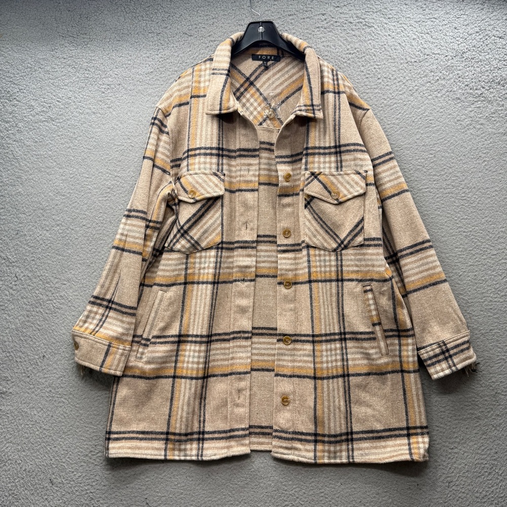 Fore Shacket Beige Plaid Fringe Button up Long Sleeve Pockets Western Women’s M - Picture 13 of 14